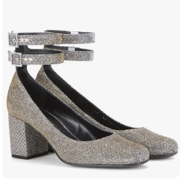Saint Laurent Silver Metallic Ankle Strap Pump Heels - Picture 1 of 11